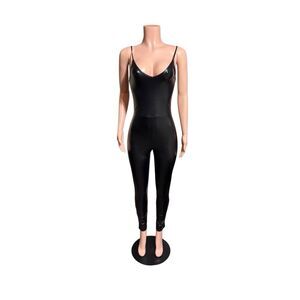 Black Sleeveless Faux-Leather Jumpsuit